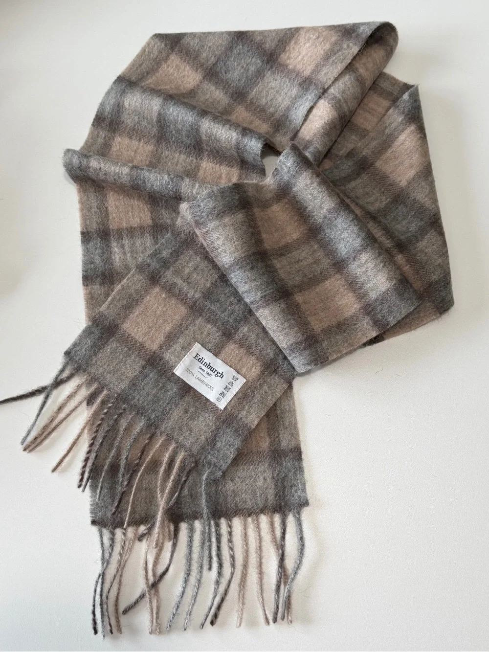 Edinburgh Plaid 100% Lambswool Fringed Scarf Tan Gray 6-1/4” x 62”